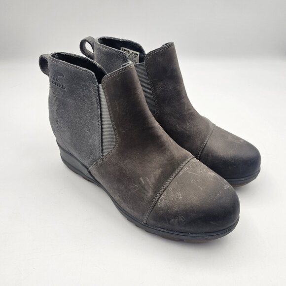 Sorel Evie Pull-On Waterproof Suede Leather Wedge Ankle Bootie Gray Women Size 9 - Picture 1 of 16